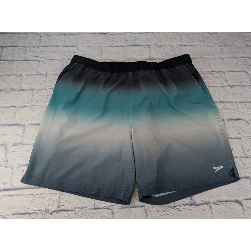 Men's 9" Speedo Marina Swim Shorts Hombre Black & Teal XXL: Mesh Liner, UPF 50+